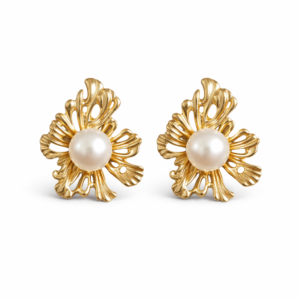 Gold Floral Pearl Stud Earrings