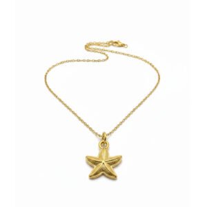 Gold starfish pendant necklace with textured detailing on anti-tarnish chain