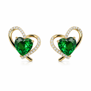 Heart stud earrings with green emerald crystal center and white cubic zirconia halo in gold plated finish